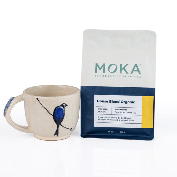 Blue bird mug with MOKA's Organic House Blend Coffee 