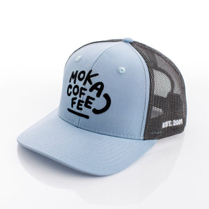 Light blue cap with black mesh back and 'Moka Coffee' text on a white background
