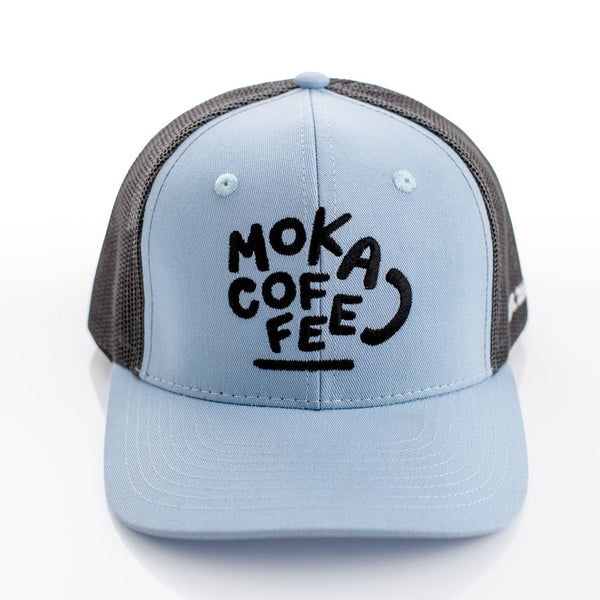 Blue and gray cap with 'Moka Cofee' text on a white background