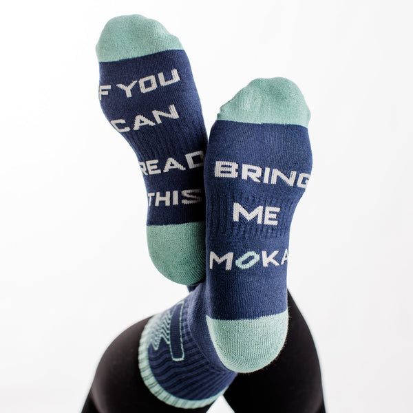 Blue MOKA Coffee socks with text 